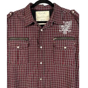 Point Zero XXL Plaid Shirt Burgundy Embroidered Eagle Long Sleeve‎ Stretch Y2K